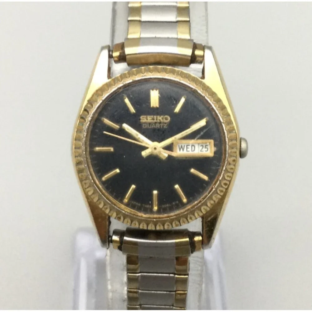 Seiko Watch Women 7N83-0049 24mm Silver Gold Two Tone Black Dial New Battery